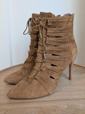 Joie Tan Suede Strappy Lace-Up Ankle Booties Stiletto Heel EU 39 US 8.5